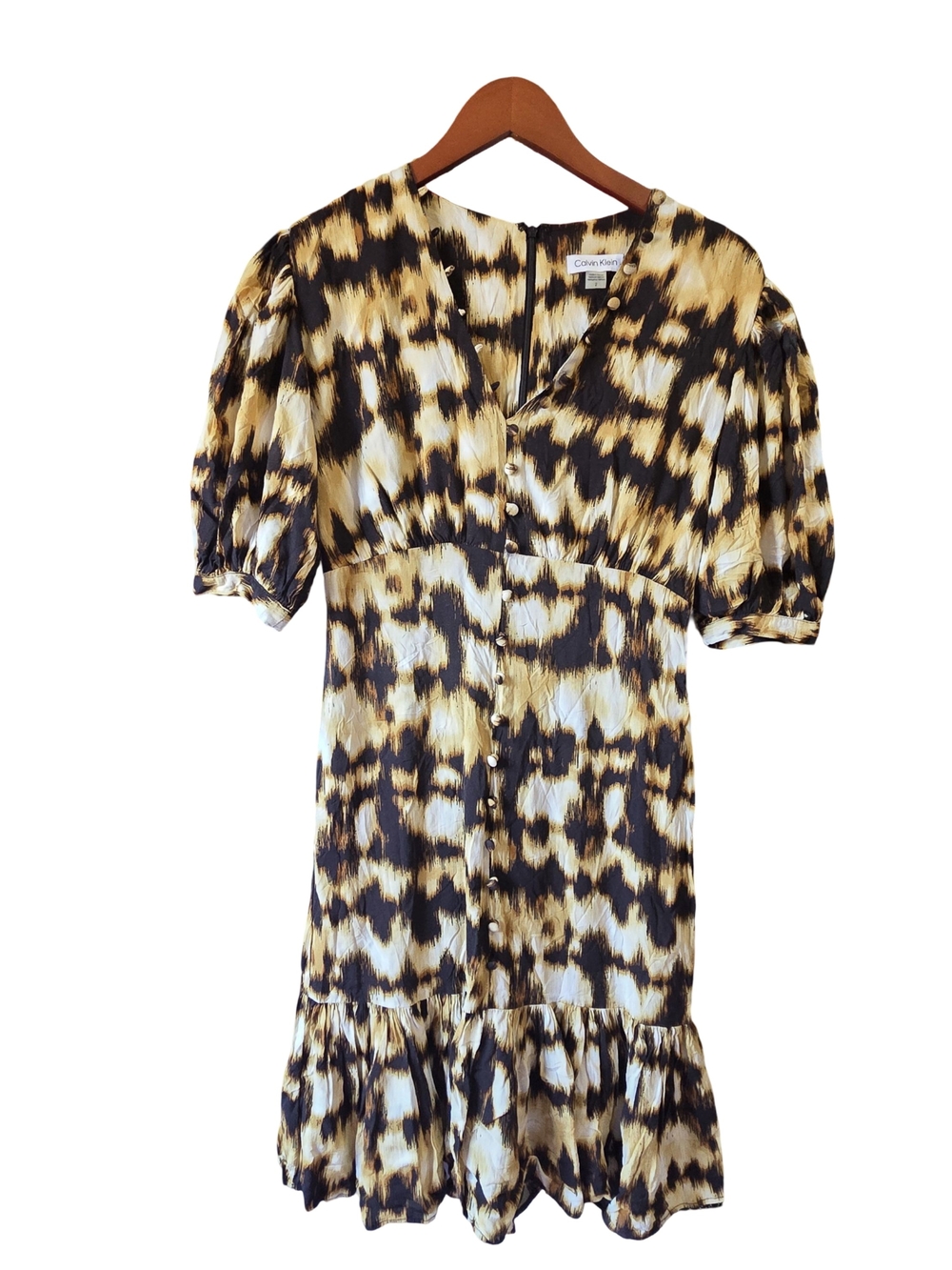 Calvin Klein Yellow Black Animal-Print Button-Front Dress